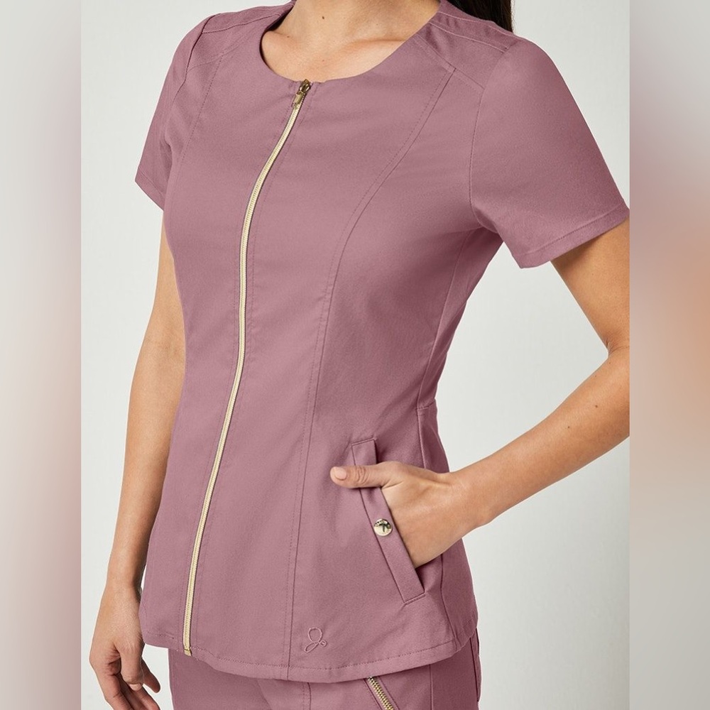 NWOT Jaanuu Biker Scrub Top Zip-Front Short-Sleeve Top Rose Dusk size XL